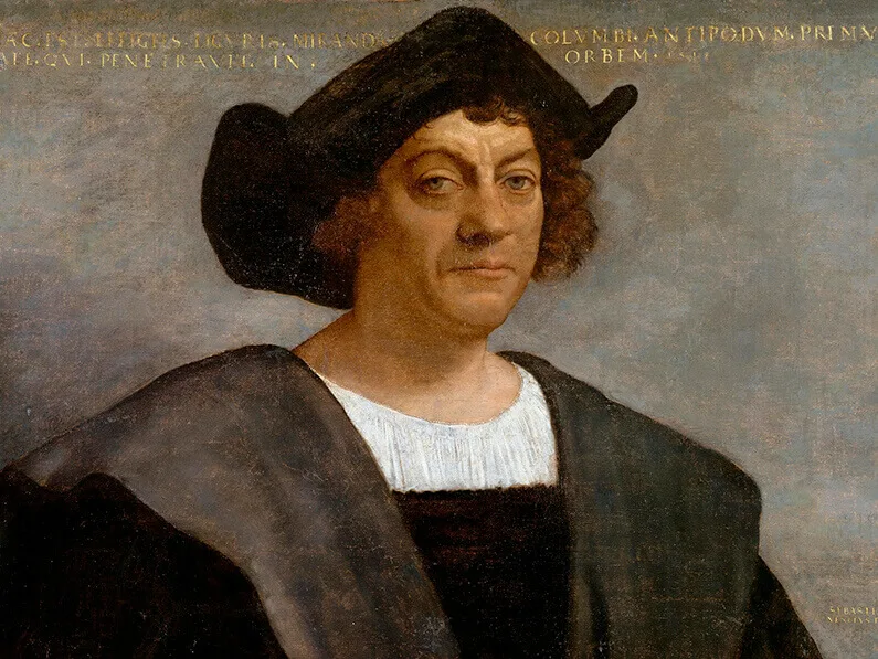 Oil painting portrait said to depict Christopher Columbus, wearing a dark hat and cloak