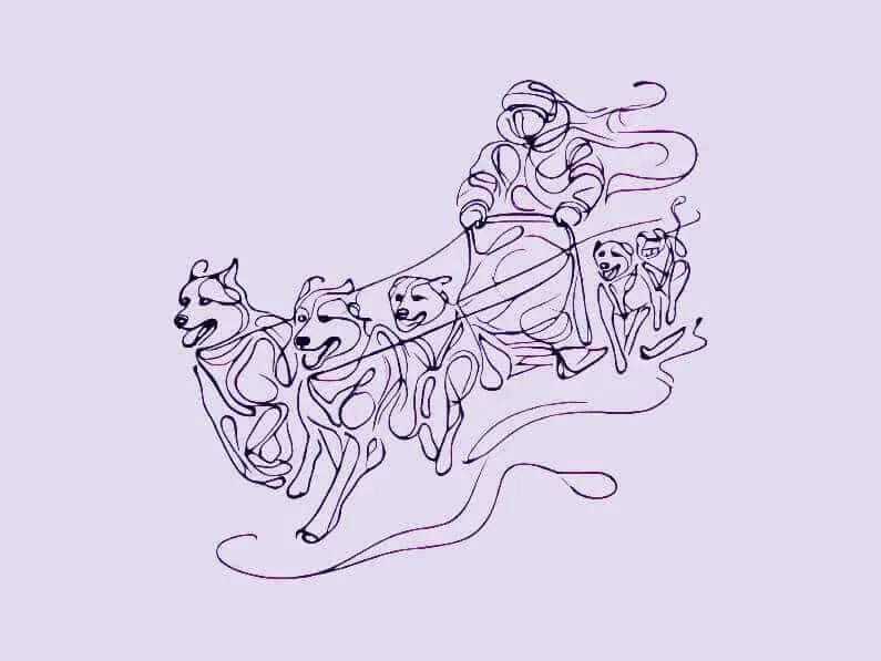 Continuous single-line illustration in purple of a musher driving a team of sled dogs through the snow