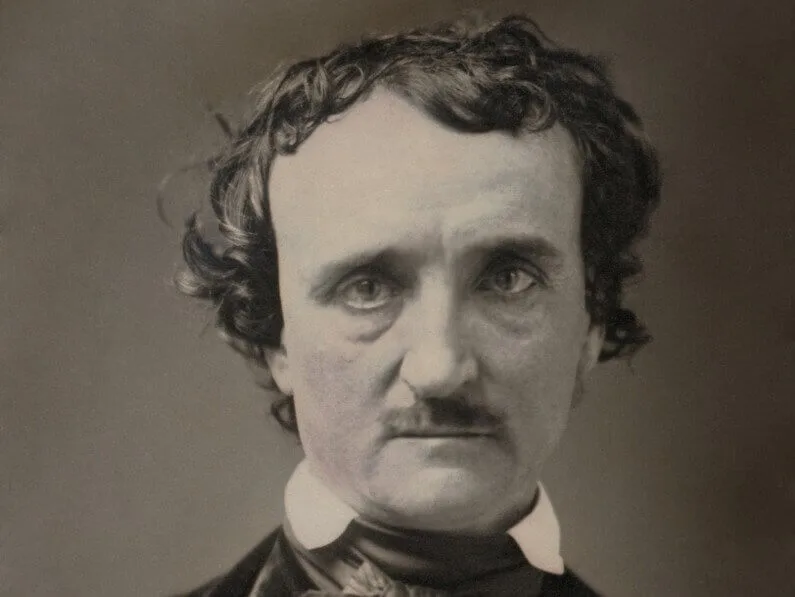 Black and white photographic portrait of Edgar Allan Poe, circa 1849